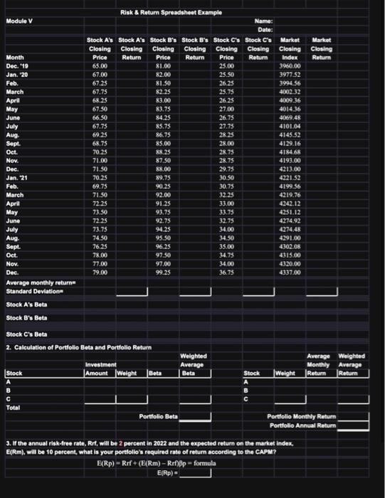please fill out the formulas for risk and return with the data