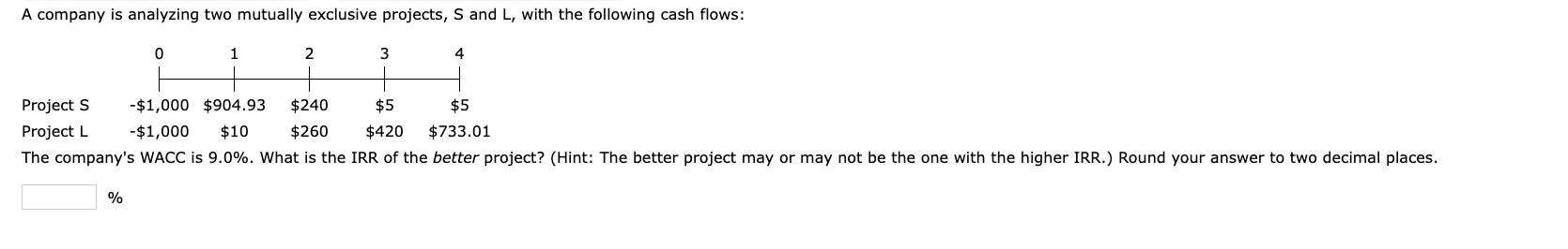  A company is analyzing two mutually exclusive projects, S and L,