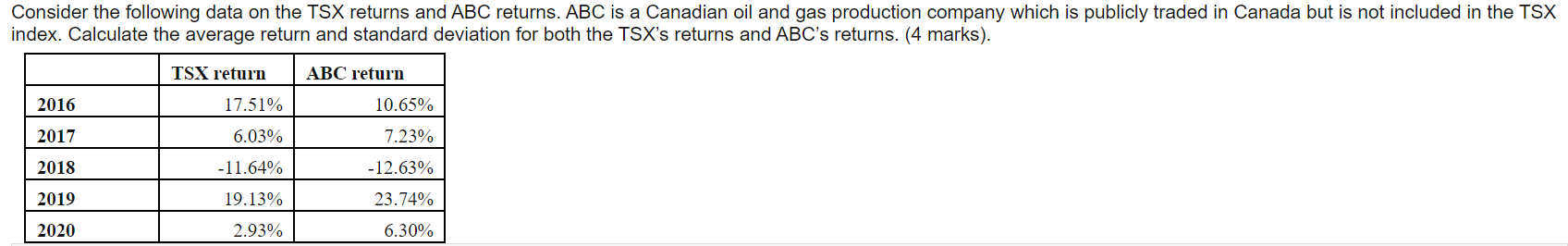  Consider the following data on the TSX returns and ABC returns.
