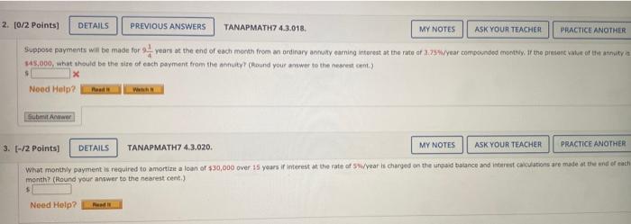 Please answer all 2. (0/2 Points) DETAILS PREVIOUS ANSWERS TANAPMATH7 4.3.018, MY