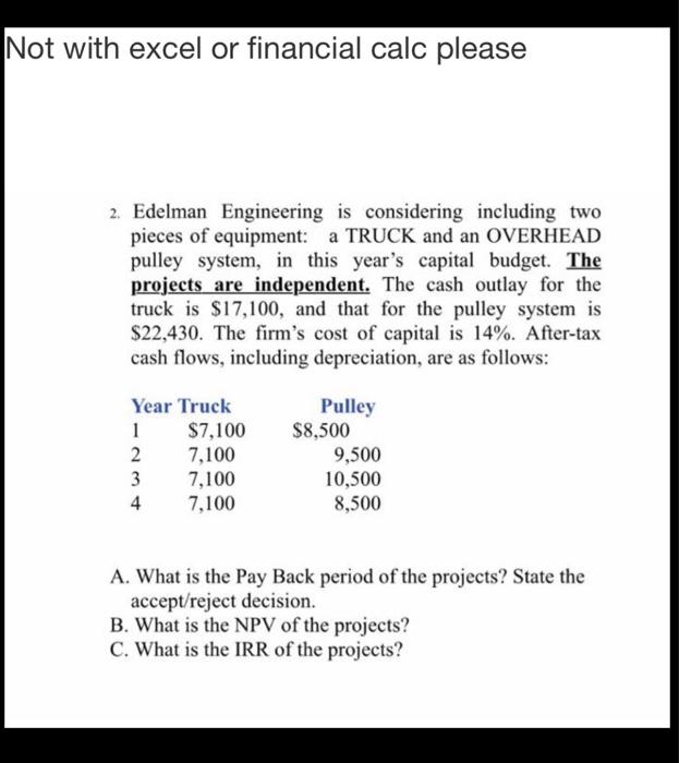  Not with excel or financial calc please 2. Edelman Engineering is