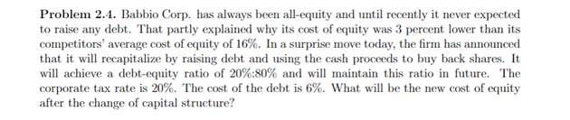 Problem 2.4. Babbio Corp. has always been all-equity and until recently