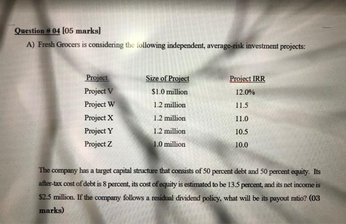  Question # 04 (05 marks) A) Fresh Grocers is considering the