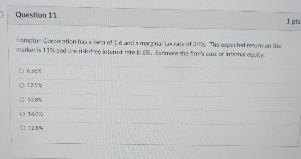  > Question 11 1 pts Hampton Corporation has a beta of