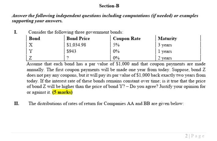  Section-B Answer the following independent questions including computations (if needed) or