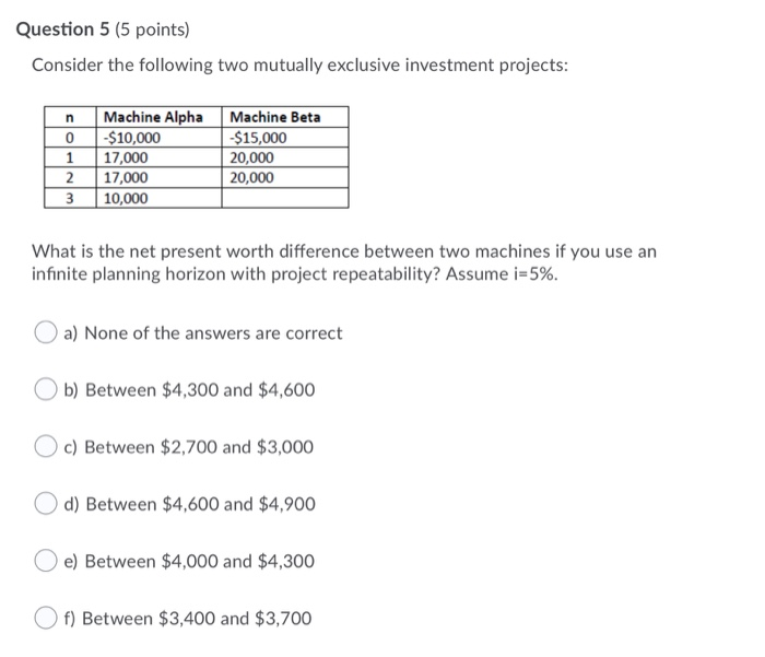  Question 5 (5 points) Consider the following two mutually exclusive investment