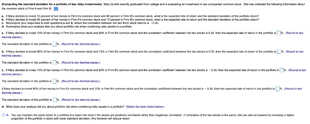  (Computing the standard deviation for a portfolio of two risky Investments)