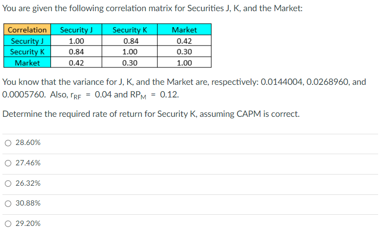  You are given the following correlation matrix for Securities J, K,