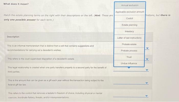 Can someone help me? What does it mean? Annual exclusion Match the