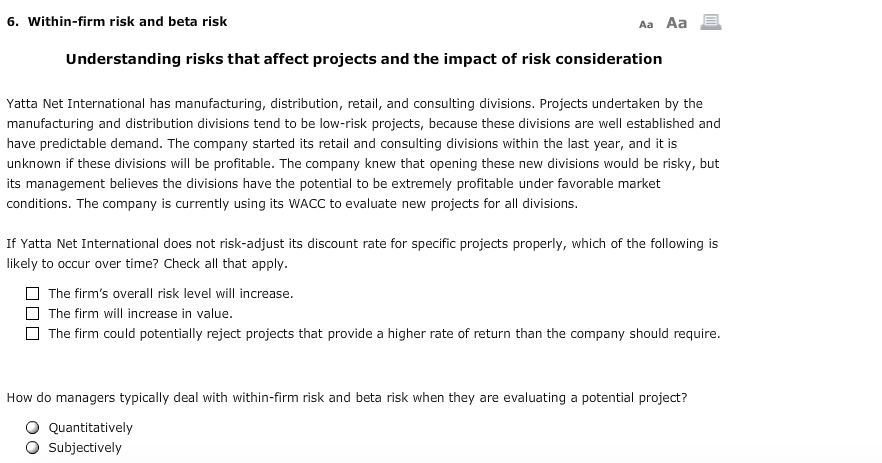 6. Within-firm risk and beta risk Aa Aa Understanding risks that