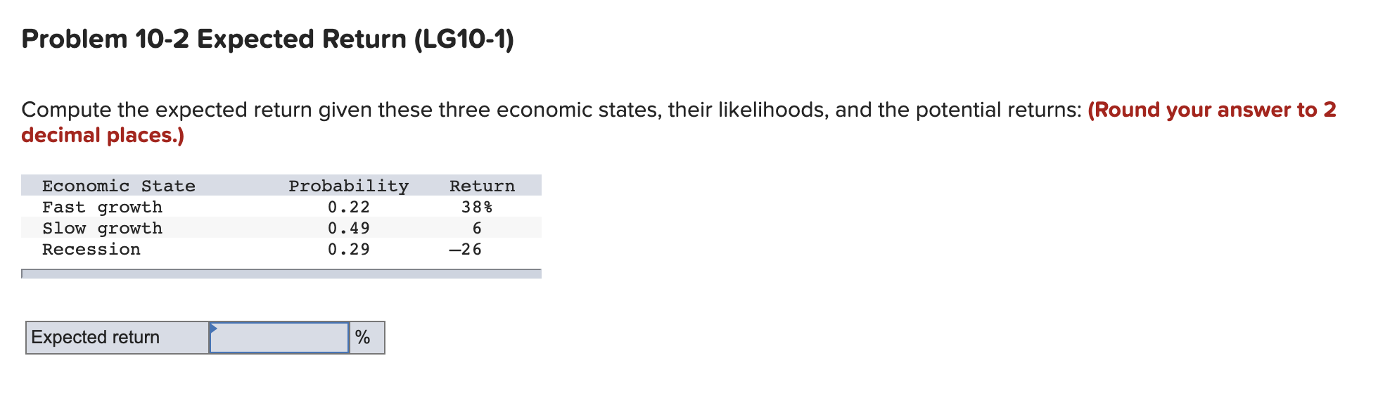  Problem 10-2 Expected Return (LG10-1) Compute the expected return given these