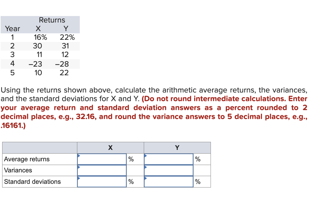 Using the returns shown above, calculate the arithmetic average returns, the