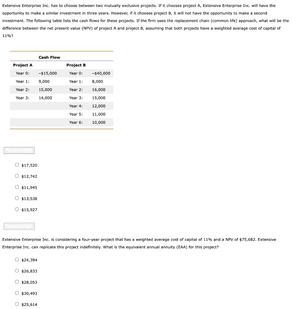  Extensive Enterprise Inc. has to choose between two mutually exclusive projects.