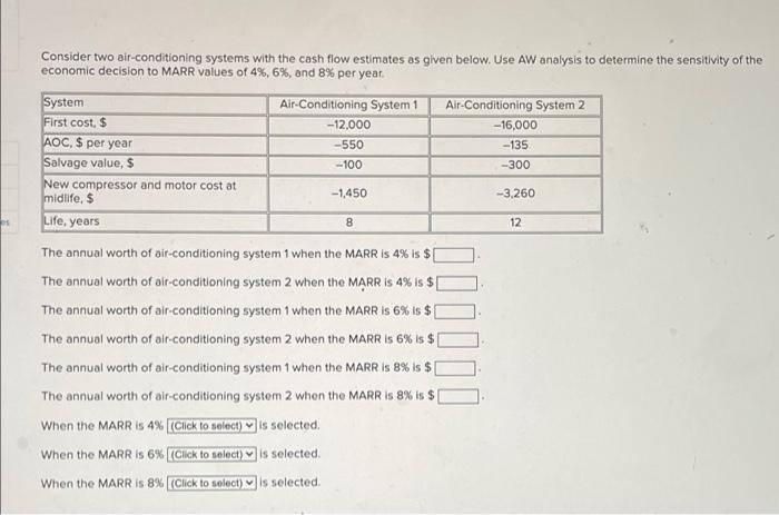  Consider two air-conditioning systems with the cash flow estimates as given
