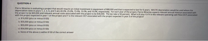  QUESTION 4 Pierre Wineries is evaluating a project that would require