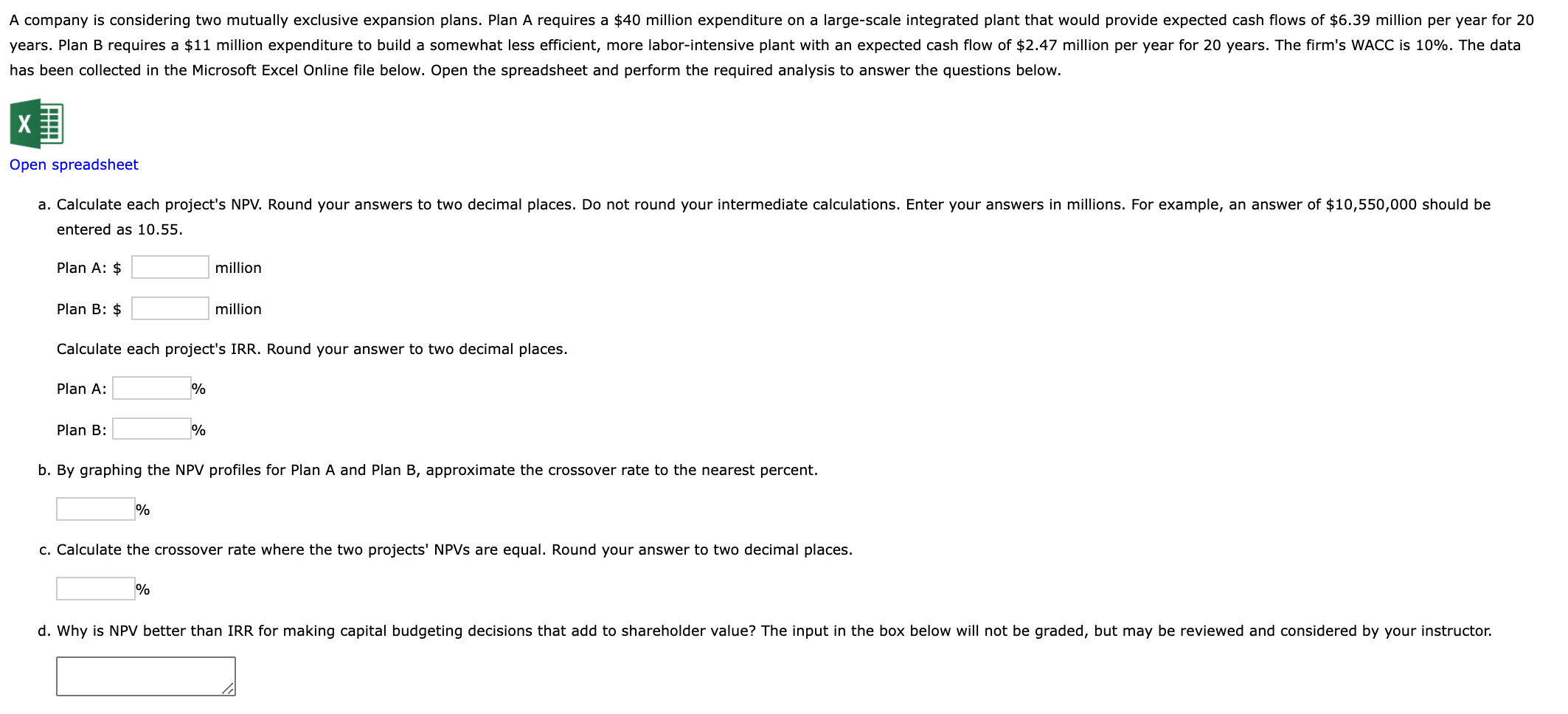 A company is considering two mutually exclusive expansion plans. Plan A