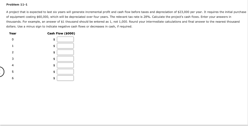  Problem 11-1 A project that is expected to last six years