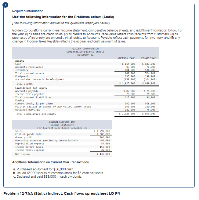  Required information Use the following Information for the Problems below. (Statle)