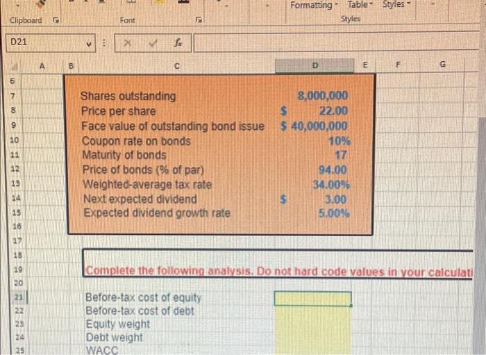 answers must be as a FORMULA!! E - Formatting Table Styles Styles