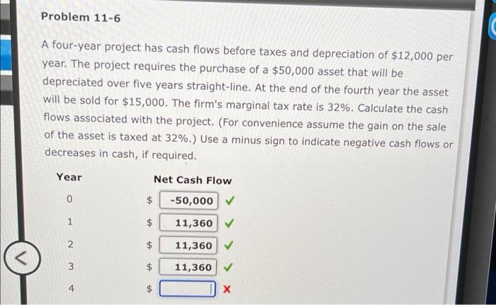  Problem 11-6 A four-year project has cash flows before taxes and