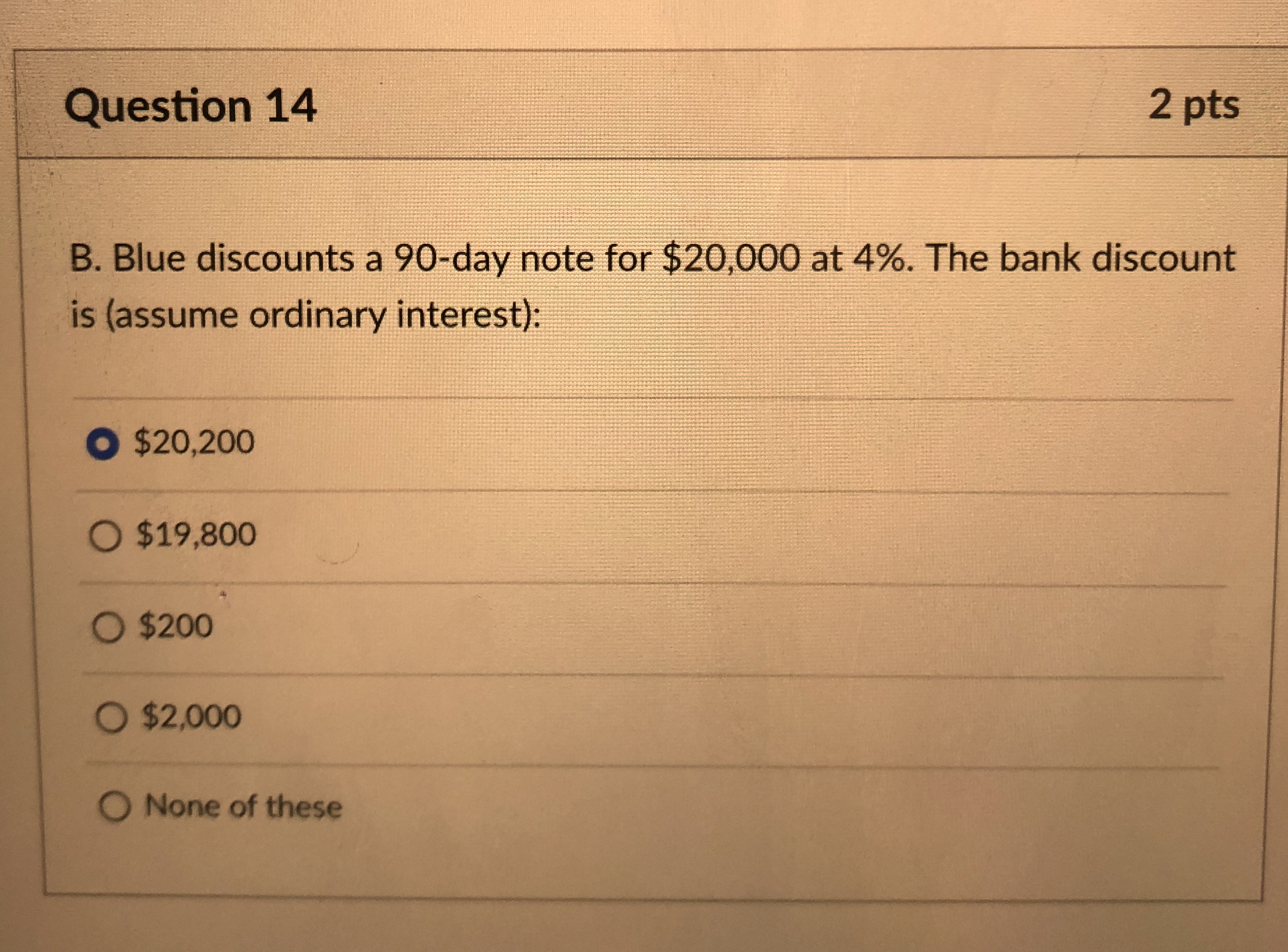  Question 14 2 pts B. Blue discounts a 90-day note for