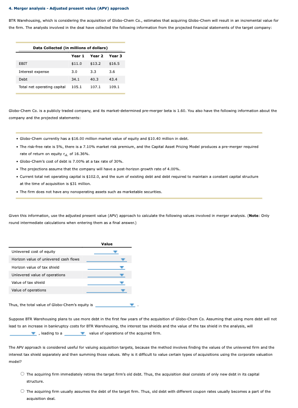  4. Merger analysis - Adjusted present value (APV) approach BTR Warehousing,