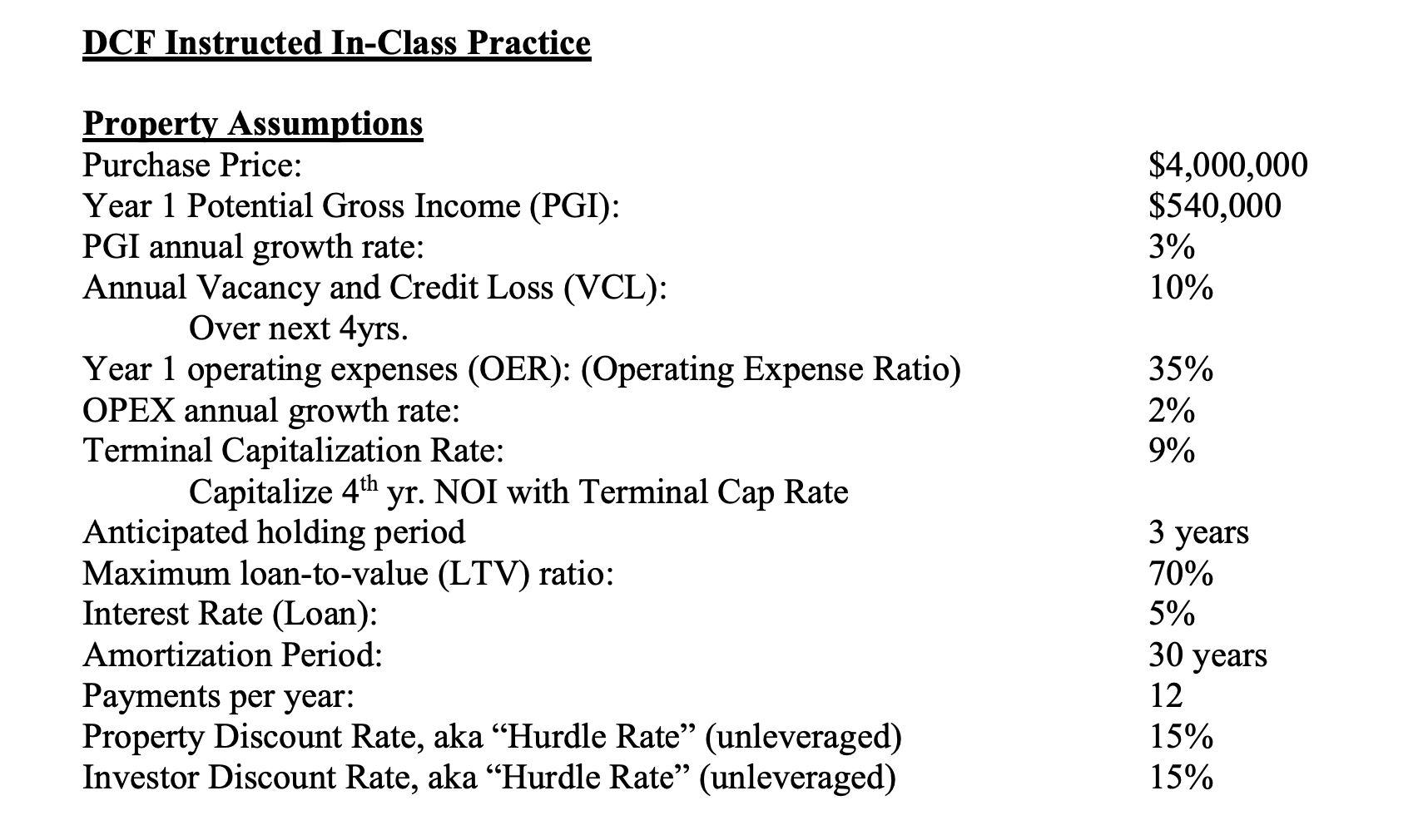  DCF Instructed In-Class Practice $4,000,000 $540,000 3% 10% Property Assumptions Purchase