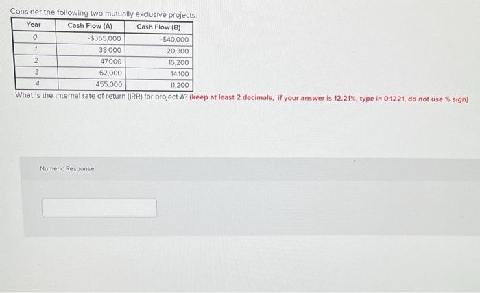 Cash Flow (B) 0 -$365,000 -$40,000 1 38,000 20,300 2 47,000 15.200