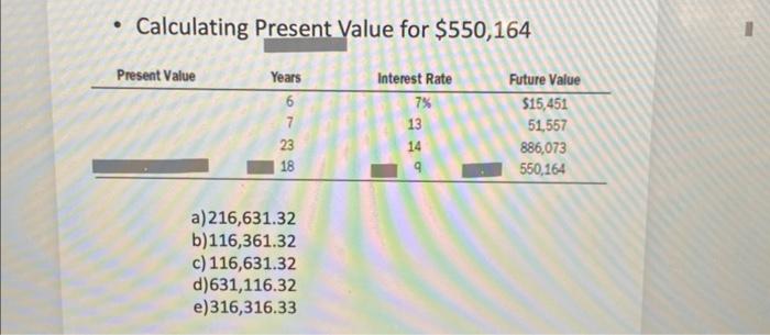 513,795.75 d) 795,513.75 e) 215,795.76 - Calculating Present Value for $550,164 a)