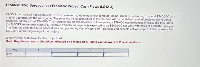  Problem 12-6 Spreadsheet Problem: Project Cash Flows (LG12-3) KADS, Incorporated has
