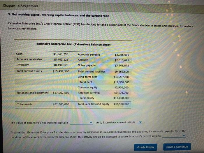  Chapter 14 Assignment 3. Net working capital, working capital balances, and