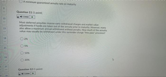  A minimum guaranteed annuity rate on maturity Question 11 (1 point)