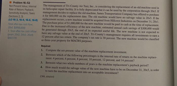 Problem 16-52 Net Present Value Internal Rate of Return: Payback Sensitivity