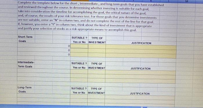  M Complete the template below for the short, intermediate, and long-term