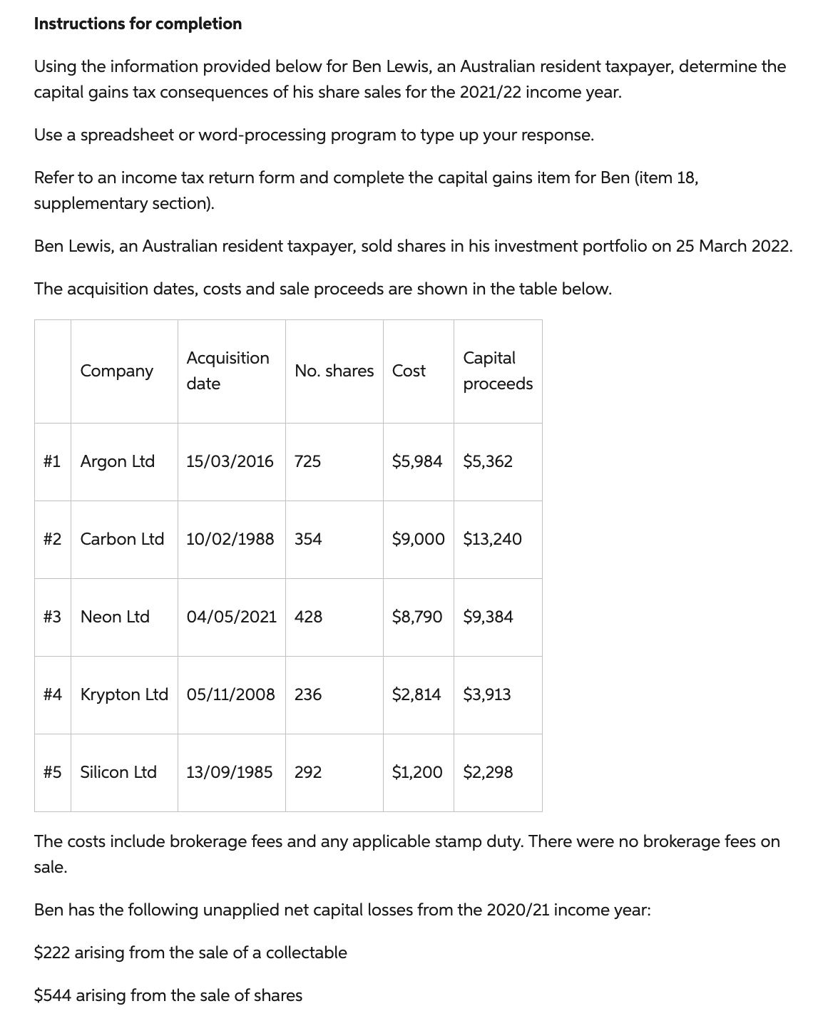 Instructions for completion Using the information provided below for Ben Lewis,