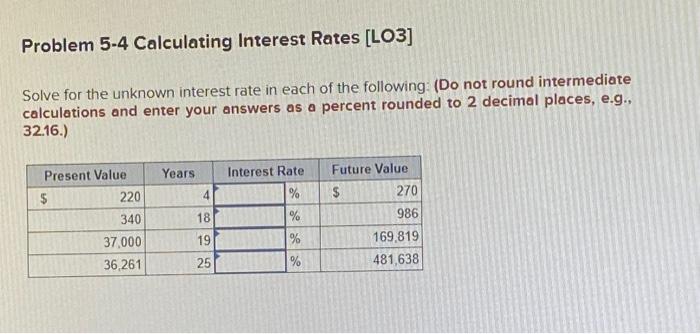  Problem 5-4 Calculating Interest Rates [LO3] Solve for the unknown interest