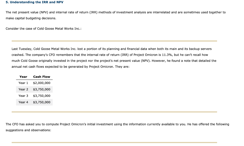 5. Understanding the IRR and NPV The net present value (NPV)
