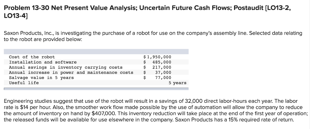  Problem 13-30 Net Present Value Analysis; Uncertain Future Cash Flows; Postaudit