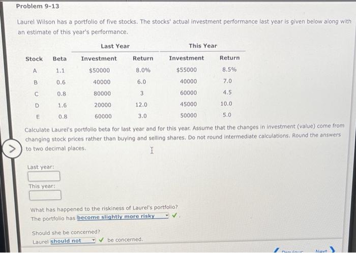  Return A 1.1 Problem 9-13 Laurel Wilson has a portfolio of