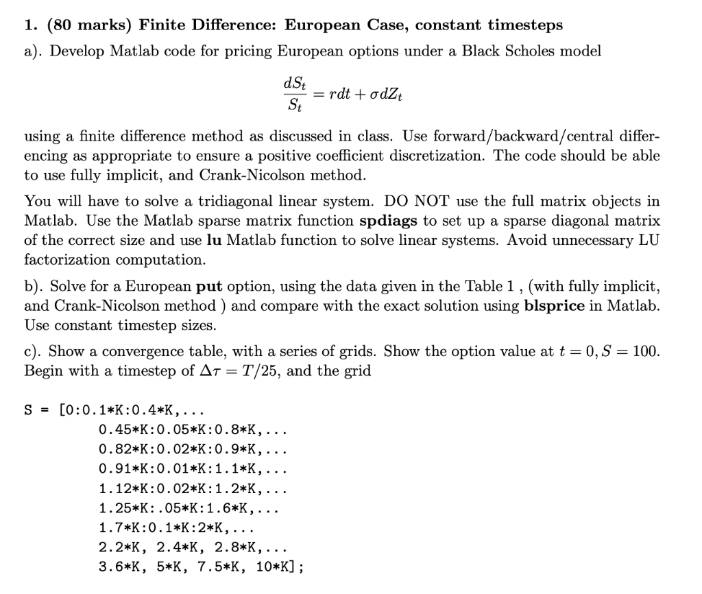 1. (80 marks) Finite Difference: European Case, constant timesteps a). Develop