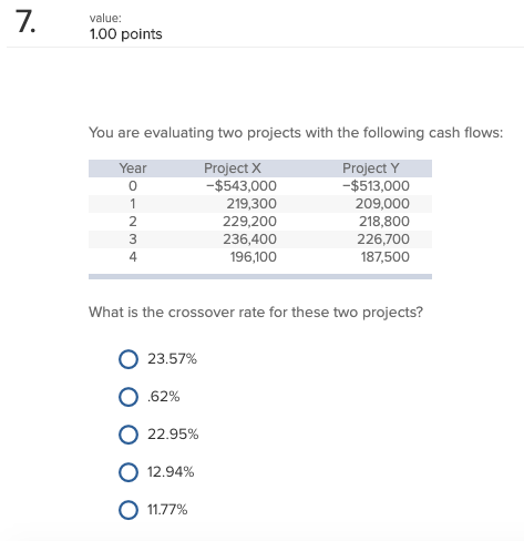 7. value: 1.00 points You are evaluating two projects with the
