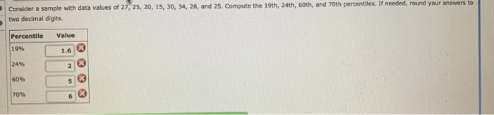  Consider a sample with data values of 27, 25, 20, 15,