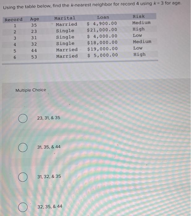  Using the table below, find the k-nearest neighbor for record 4