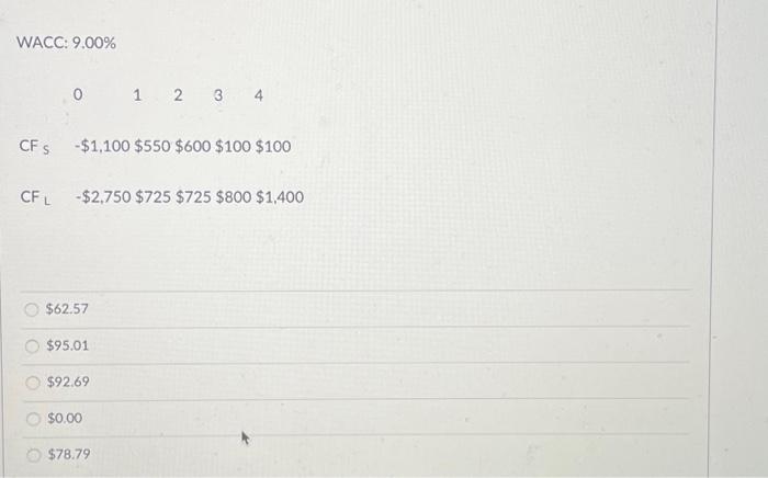 L, whose cash flows are shown below. These projects are mutually exclusive,