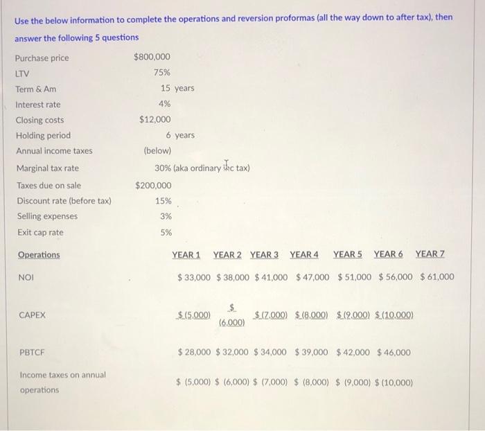  Use the below information to complete the operations and reversion proformas
