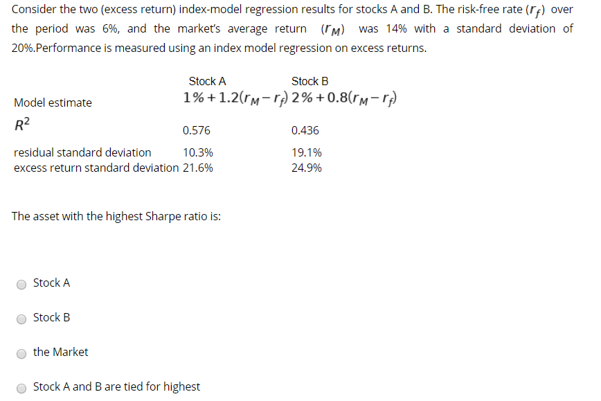 Consider the two (excess return) index-model regression results for stocks A