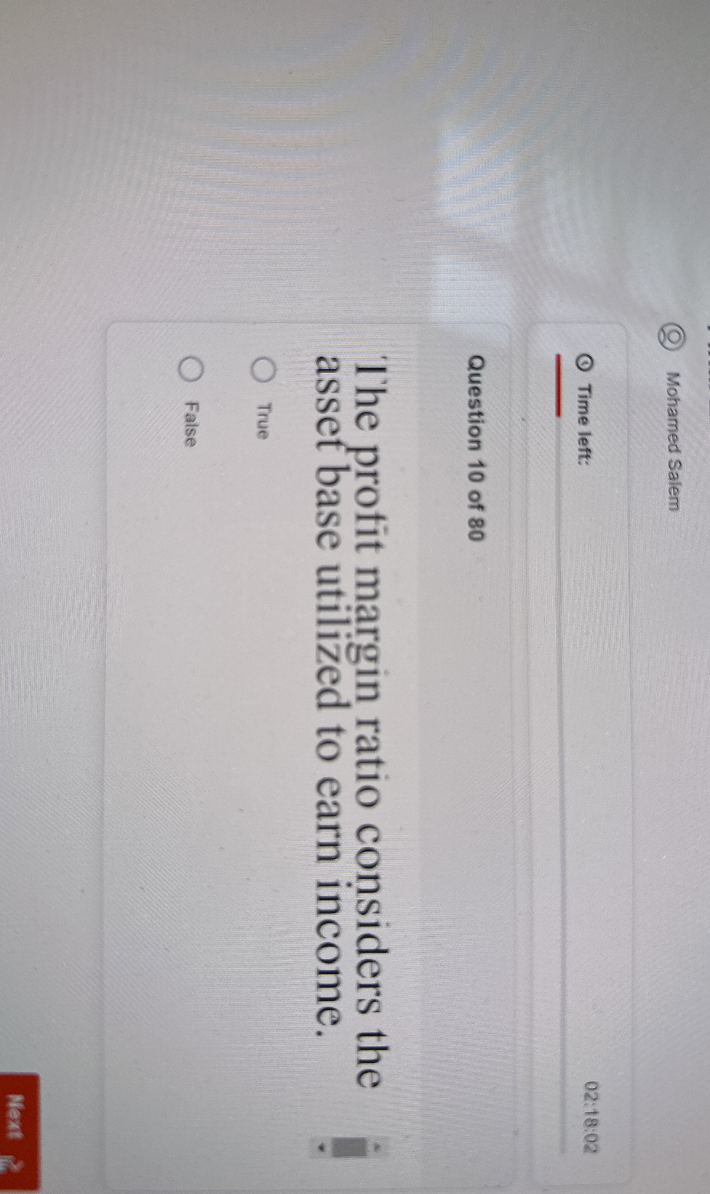 Mohamed Salem (c) Time left: 02:18:02 Question 10 of 80 The