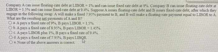  Company A can issue floating-rate debt at LIBOR + 1% and