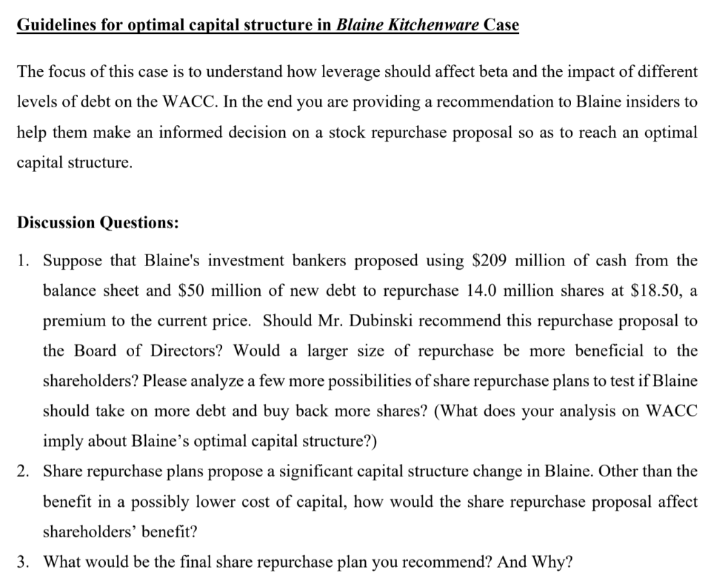 Guidelines for optimal capital structure in Blaine Kitchenware Case The focus