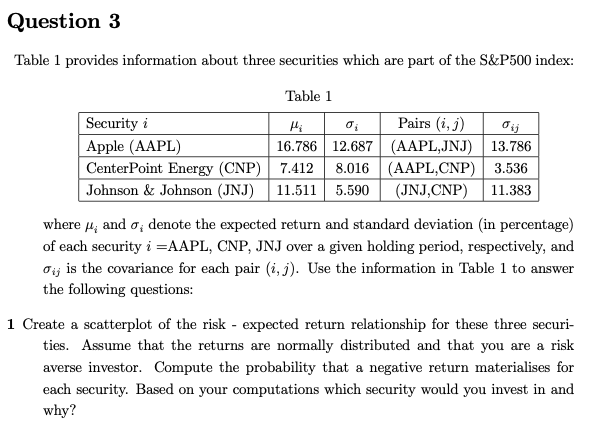 Question 3 Table 1 provides information about three securities which are